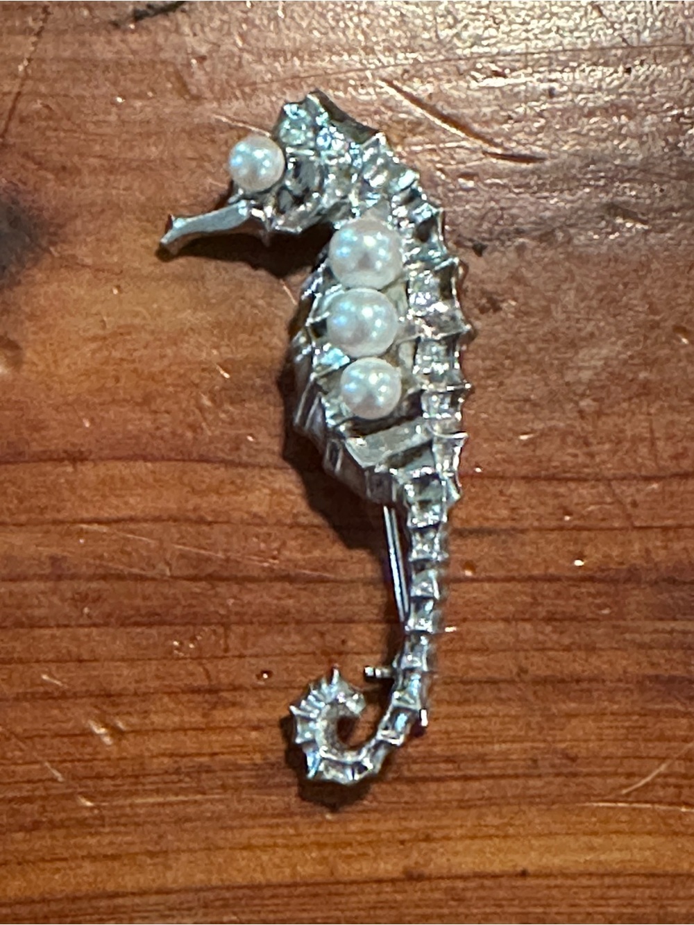Vintage Mikimoto Akoya Pearl Sterling Silver Seahorse Brooch